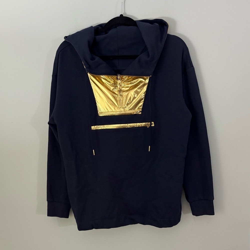 J.Crew Gold Foil Hoodie Navy Metallic Pullover Sweatshirt Size Small - Picture 6 of 16